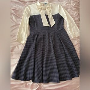 Navy blue lattice pattern dress with bow